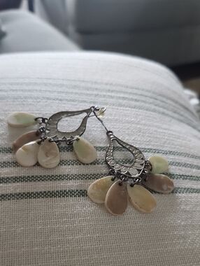 Boho Teardrop Dangle Earrings with Cream and Pale Green Shell Drops